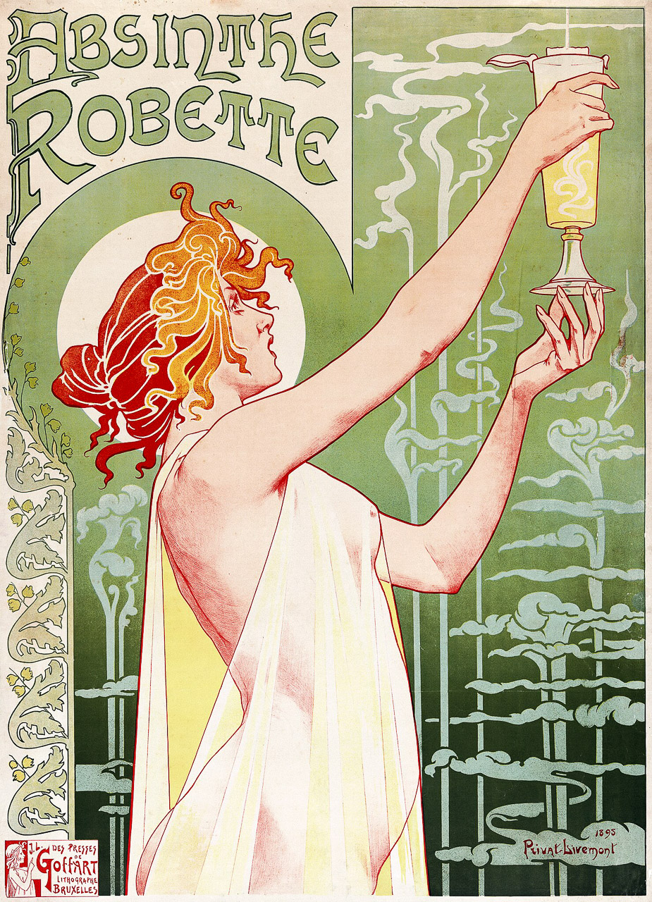 Midjourney prompt for poster art inspired by Absinthe Robette by Henri Privat-Livemont, featuring Art Nouveau elements and complex designs.