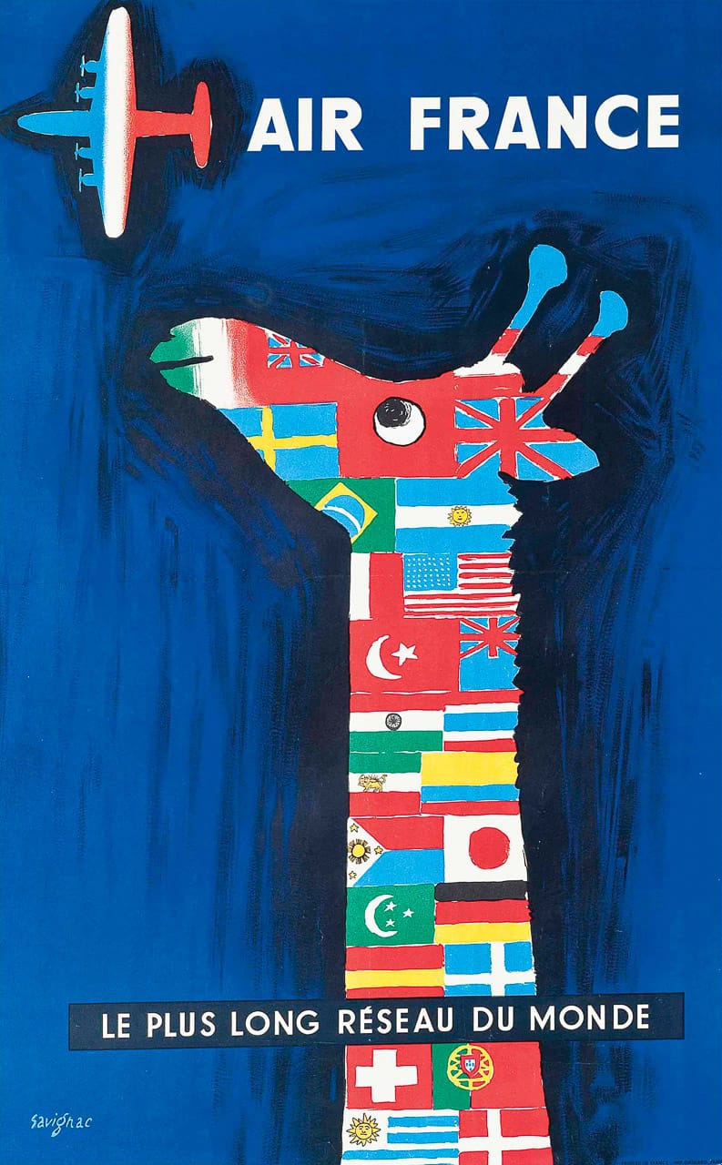 Midjourney prompt for poster art featuring Air France by Raymond Savignac, showcasing flags and artistic design techniques.