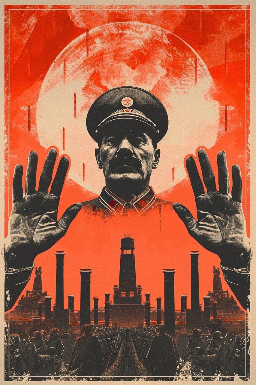 Cold War Era propaganda poster featuring industrial elements, Midjourney prompt for historical artistic movements and complex designs.