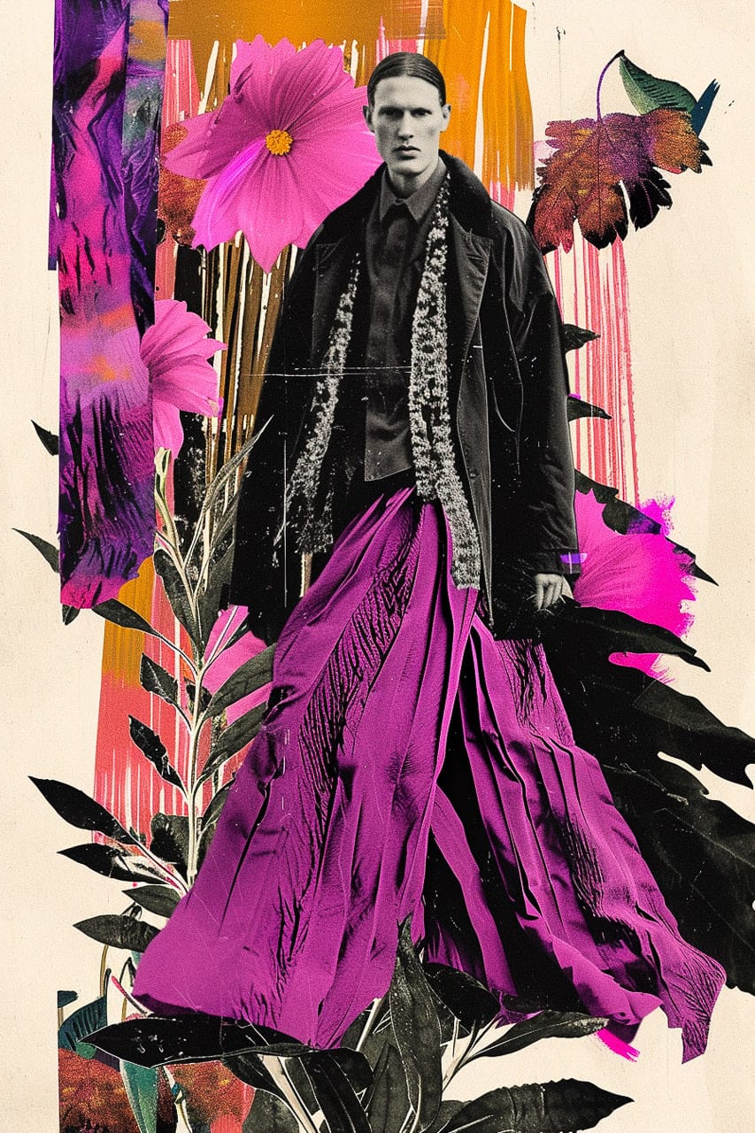 Midjourney prompt for fashion poster art featuring vibrant floral elements and striking colors, showcasing modern design techniques.
