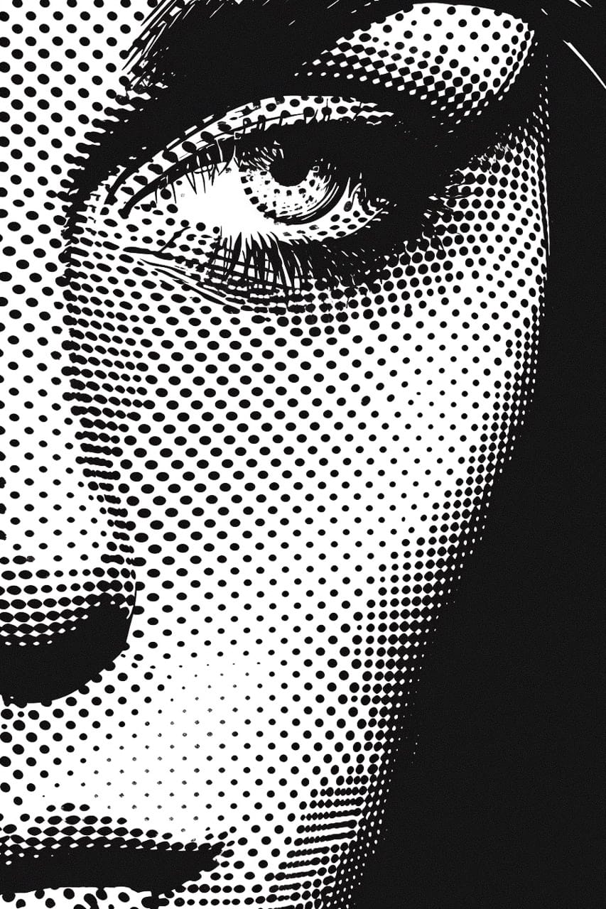 Midjourney prompt for halftone graphics style poster art --v 6, showcasing text-to-image techniques and artistic movements.