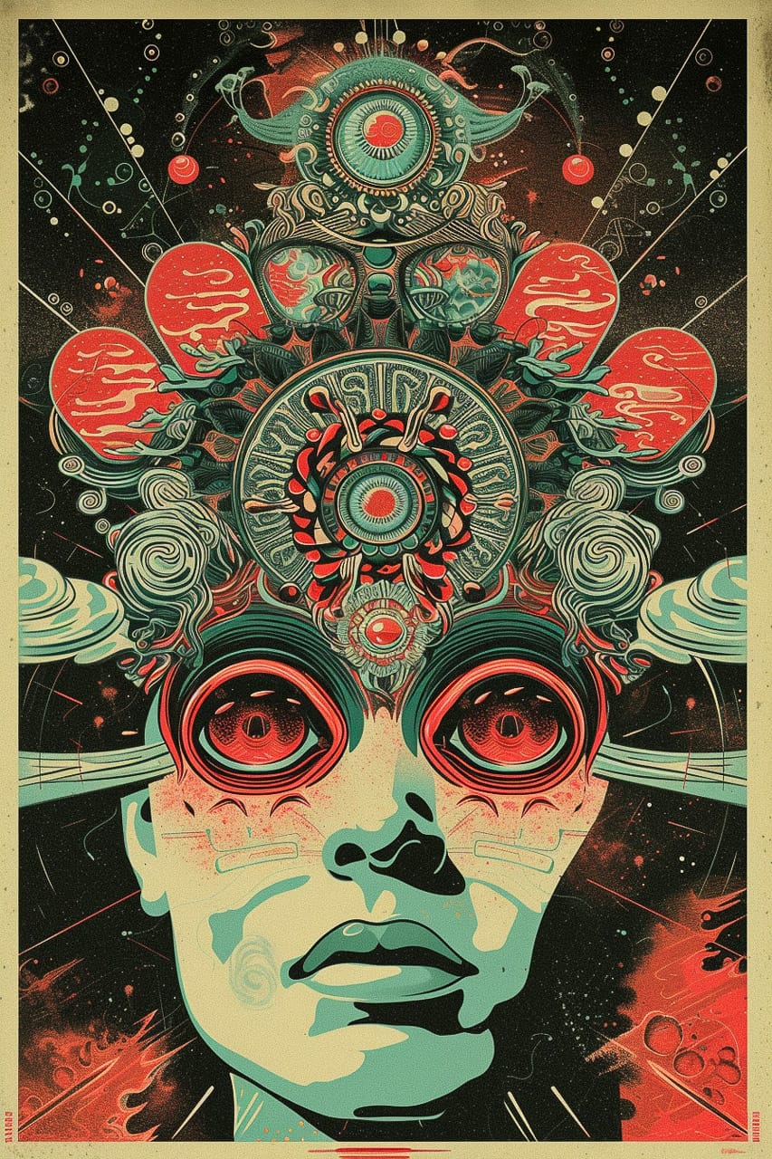 Midjourney prompt for poster art featuring intricate design, cosmic elements, and vibrant colors. Fillmore poster --v 6.
