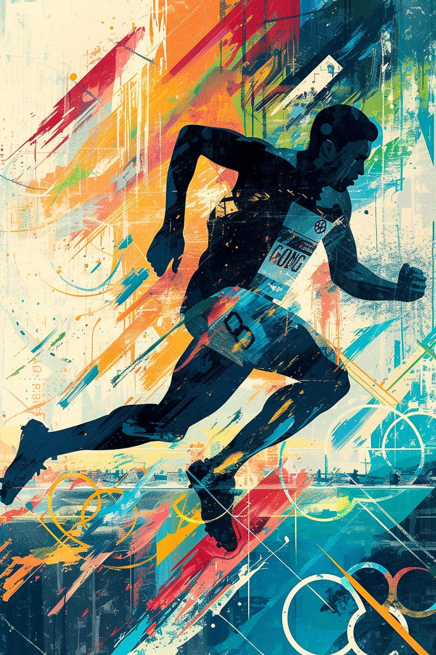 Midjourney prompt for Olympic Games poster art, featuring dynamic runner silhouette and abstract colorful background.