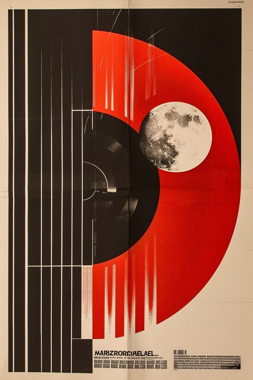 Midjourney prompt for poster art featuring geometric shapes, bold colors, and moon imagery, inspired by Alexander Rodchenko --v 6.