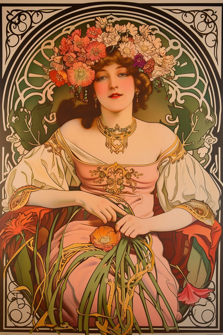 Midjourney prompt for poster art inspired by Alphonse Mucha, featuring floral motifs and Art Nouveau design elements.