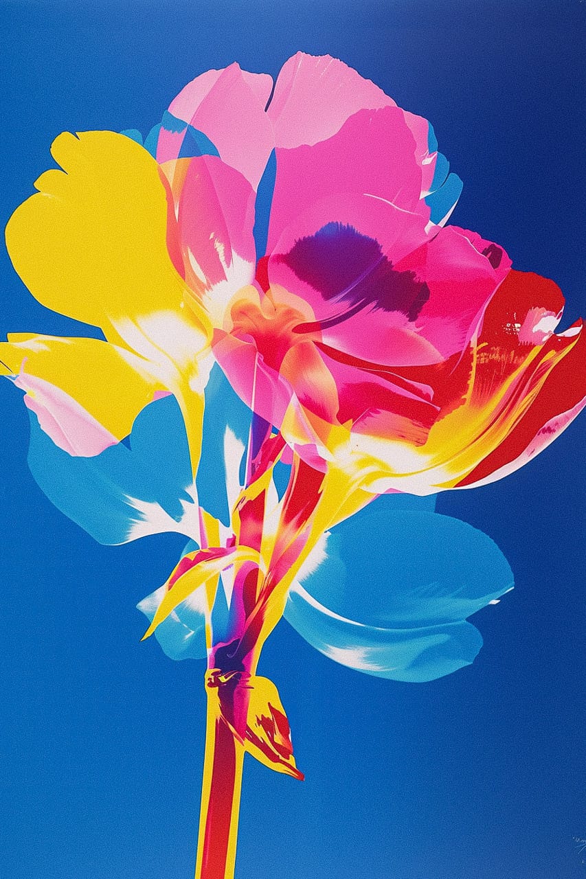 Midjourney prompt for vibrant flower illustration, exploring color techniques in poster art, version 6.