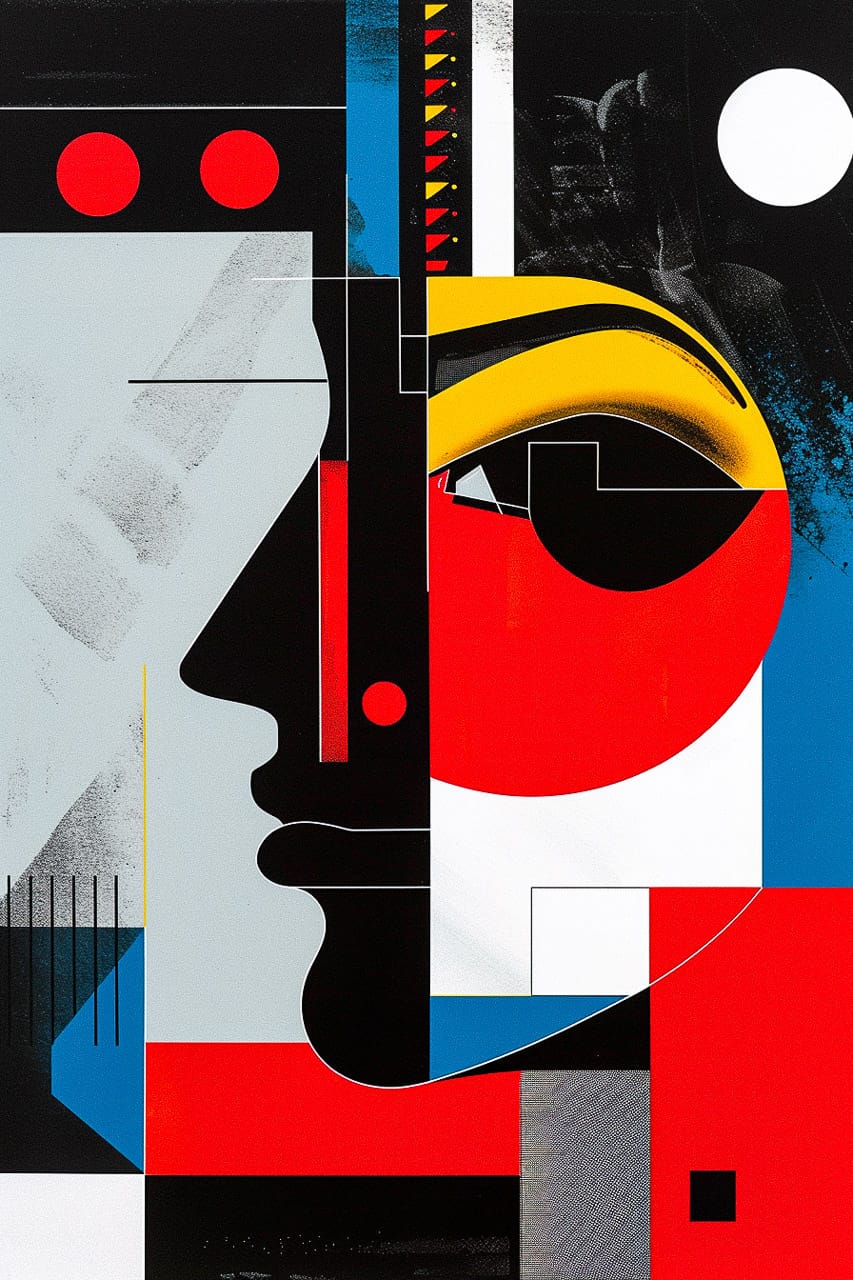 Midjourney prompt for poster art in Constructivism style --v 6, featuring geometric shapes and bold colors.