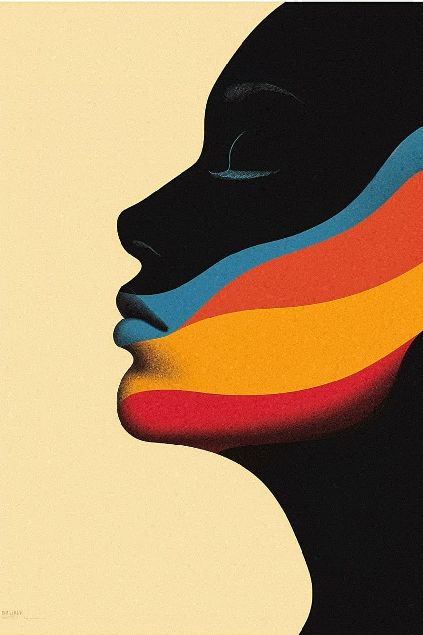 Midjourney prompt for poster art featuring stylized profile with vibrant colors, inspired by Milton Glaser --v 6.