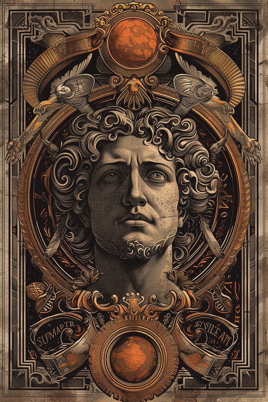 Midjourney prompt for Renaissance poster art featuring intricate designs, historical elements, and complex visual motifs.