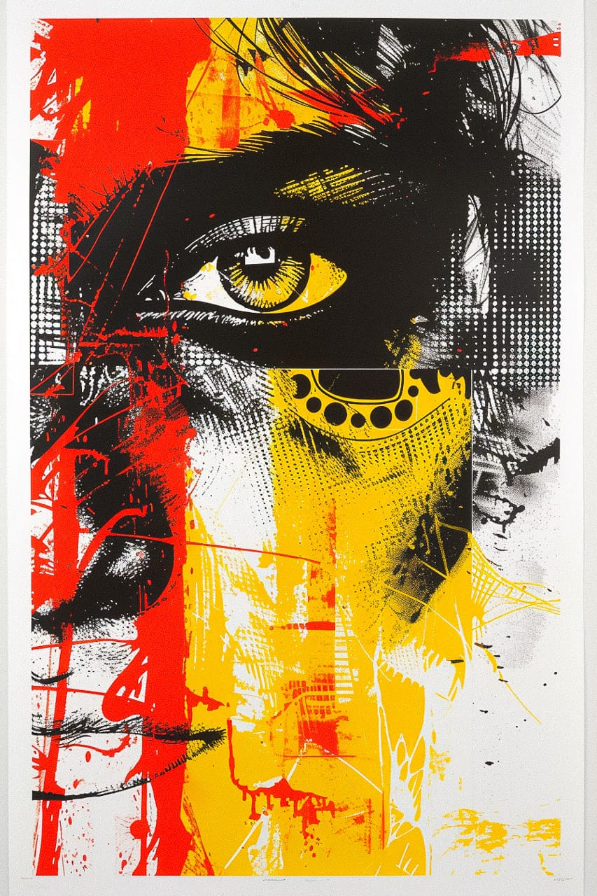 Midjourney prompt for screen print poster art --v 6 --style raw, featuring bold colors and abstract design elements.