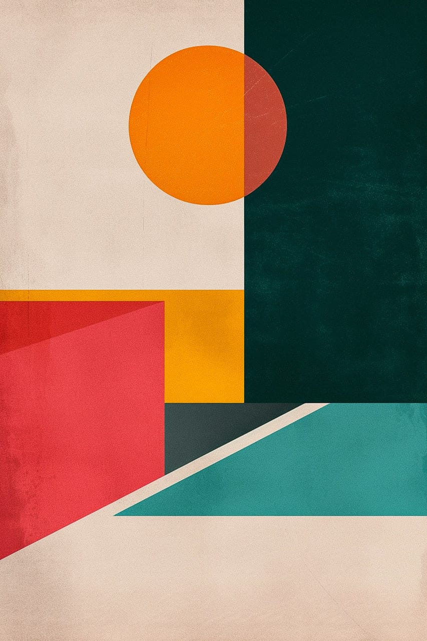 Midjourney prompt for lithographic poster art featuring geometric shapes and colors, version 6, style raw.