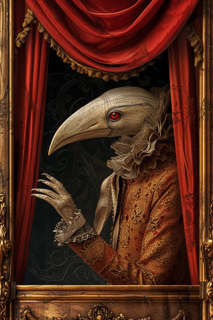 Midjourney prompt for theatrical poster art featuring bird-headed figure in ornate attire, dramatic lighting, intricate details.