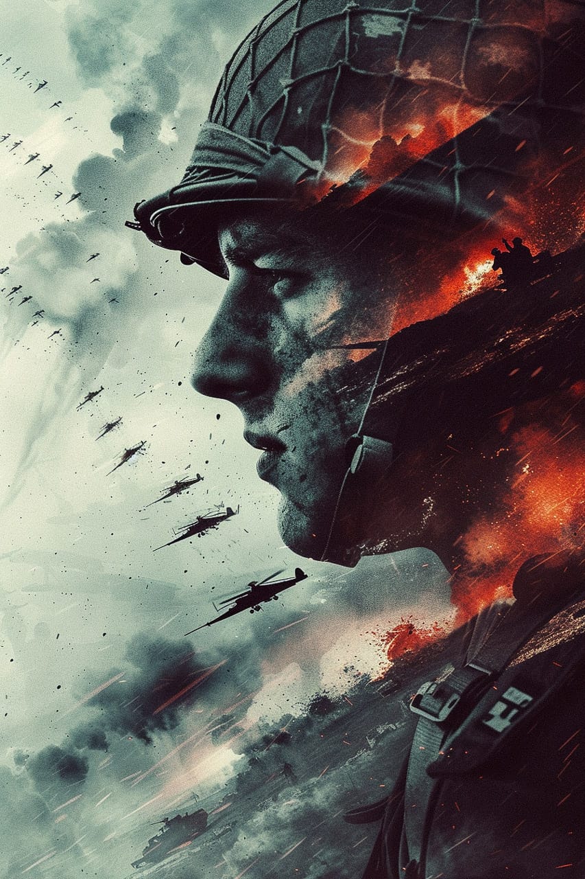 Midjourney prompt for World War 2 poster art, featuring soldier silhouette, planes, explosions, and dramatic battlefield elements.