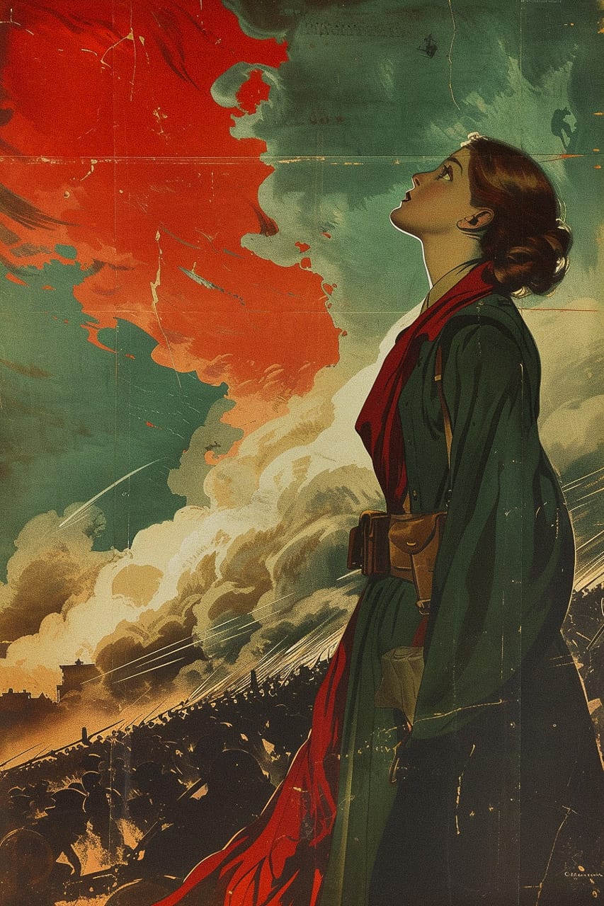 World War 1 poster art showcasing Midjourney prompt techniques, featuring bold colors and historical themes.