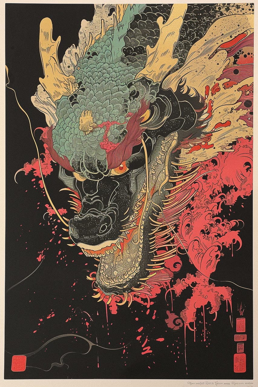 Midjourney prompt for woodblock print poster featuring dragon design, vibrant colors, intricate details, version 6.