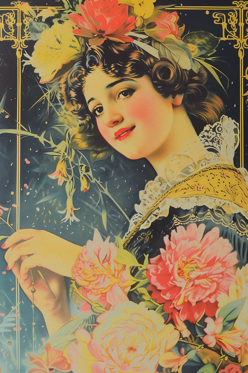 Midjourney prompt for lithographic poster art, featuring floral design and vintage aesthetics --v 6 --style raw.