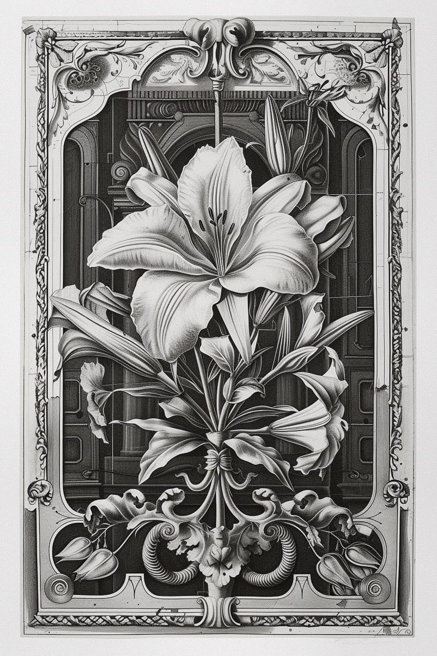 Midjourney prompt for copperplate engraving poster art, featuring floral design and intricate details, showcasing artistic techniques and styles.
