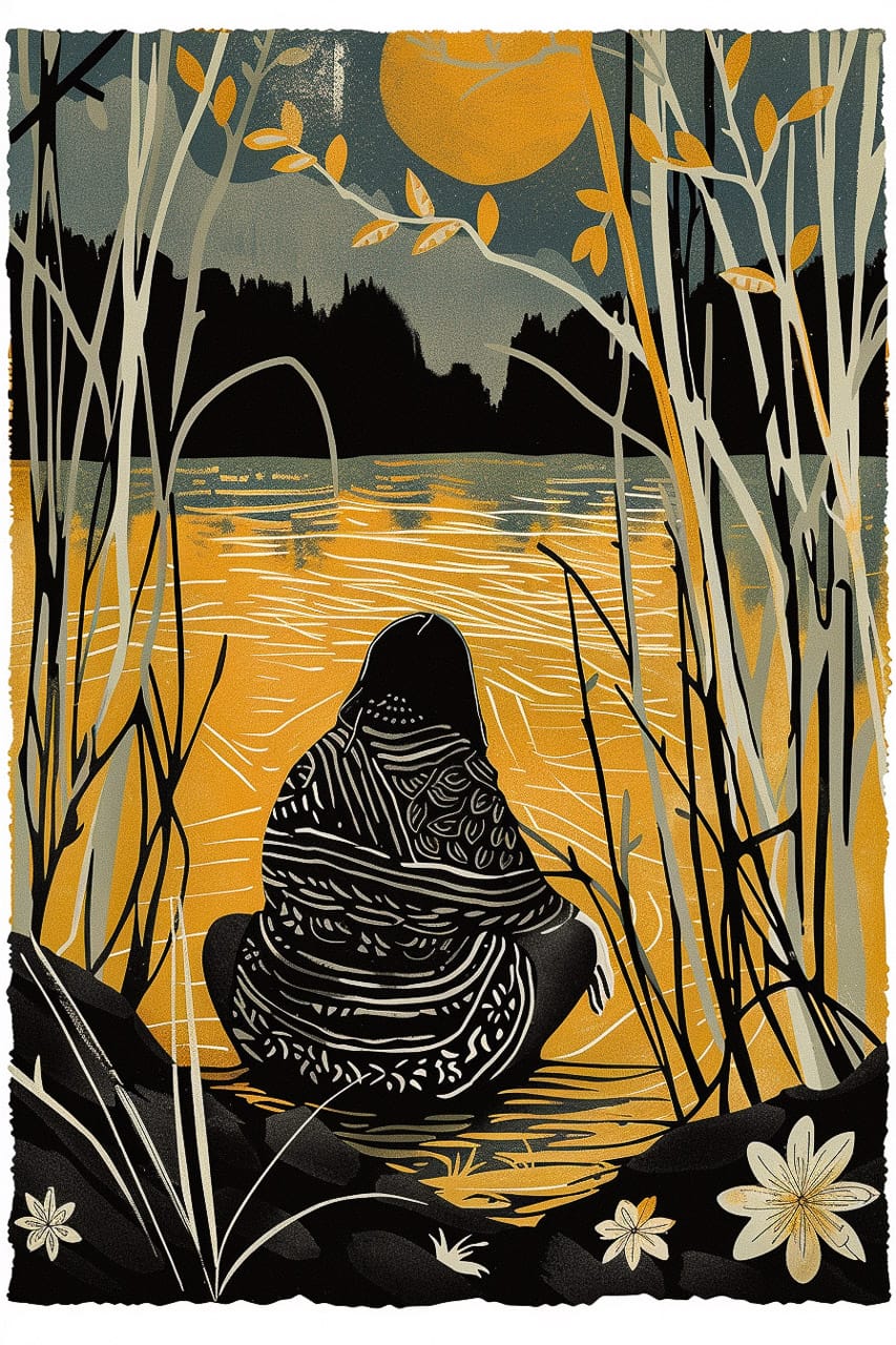 Linocut print poster showcasing Midjourney prompt techniques for artistic styles and complex designs. --v 6 --style raw