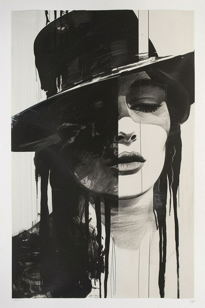 Midjourney prompt for aquatint print poster art, featuring abstract black and white portrait with hat, version 6.