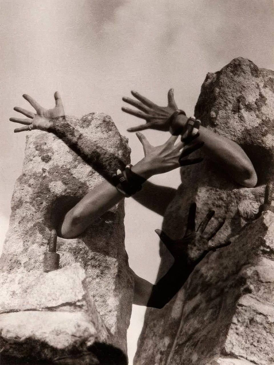 Midjourney prompt for Claude Cahun's I Extend My Arms (1931) exploring surrealism, gender identity, and artistic techniques.