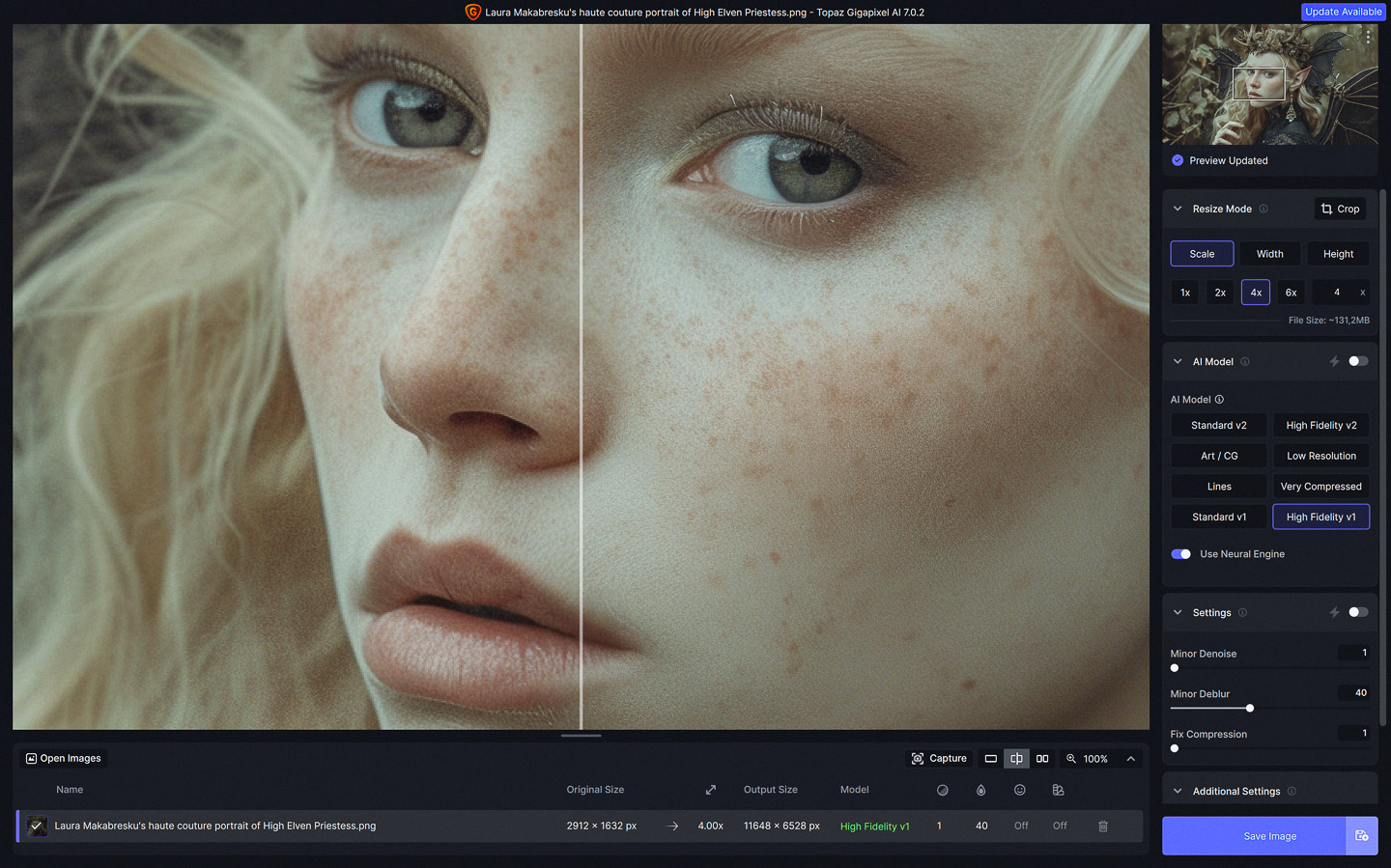 Midjourney prompt for high-quality upscaling using Gigapixel AI interface, showcasing image processing options and settings.