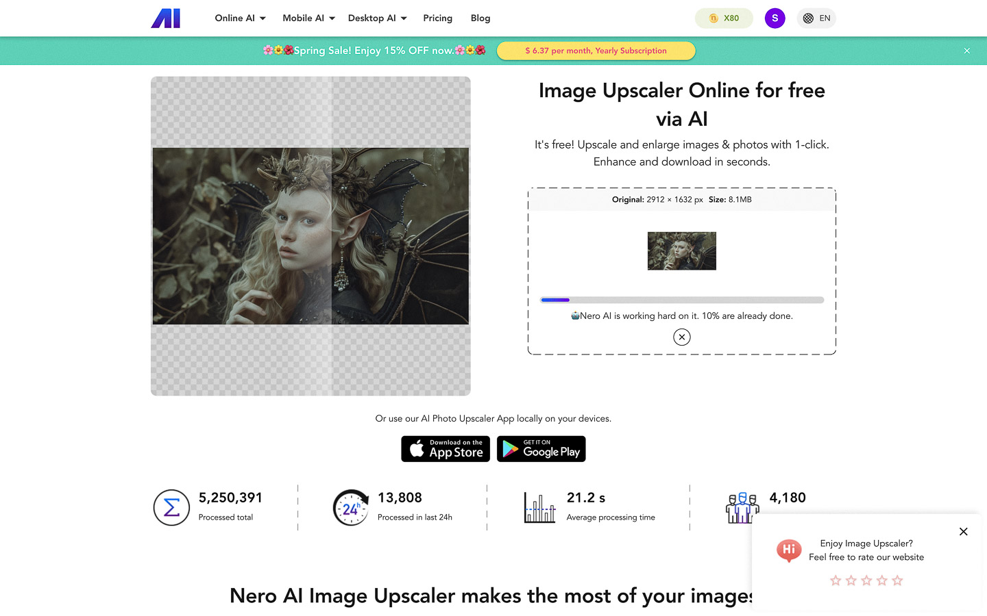 Nero AI interface showcasing Midjourney prompt for image upscaling, processing statistics, and user options for high-quality prints.