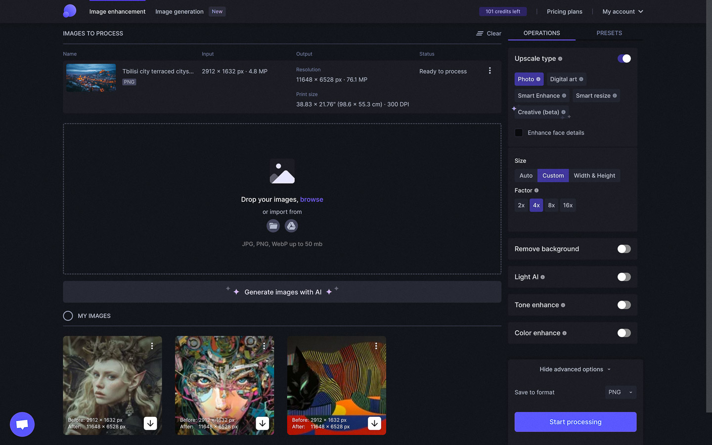 Midjourney prompt interface for image upscaling with LetsEnhance.io, showcasing resolution settings and enhancement options.