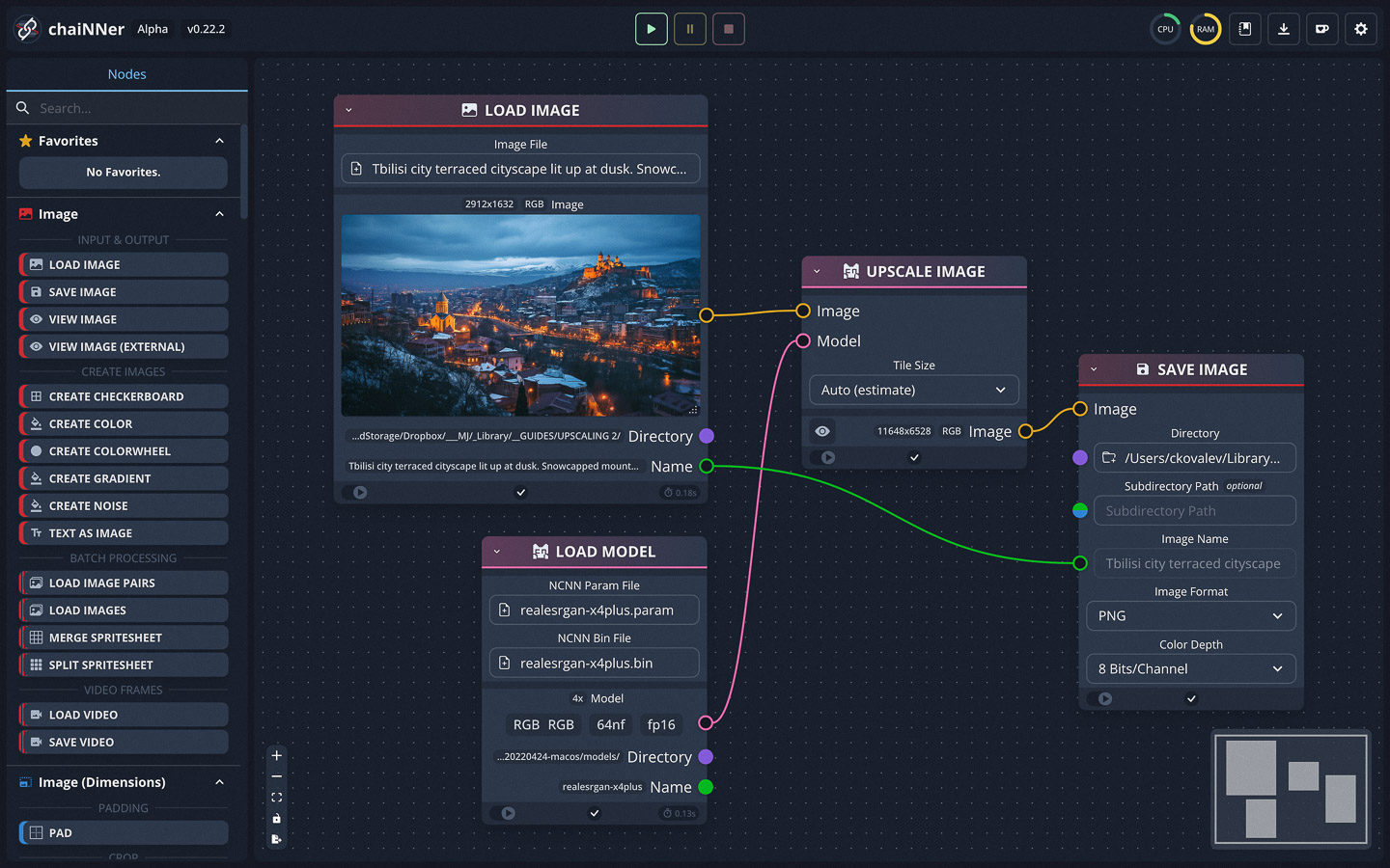 chaiNNer interface showcasing Midjourney prompt for upscaling images using Real-ESRGAN model.