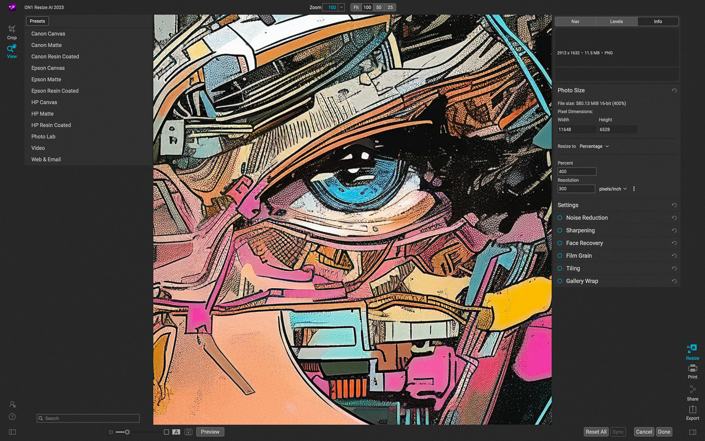 ON1 Resize AI interface showcasing Midjourney prompt adjustments for image upscaling and processing settings.