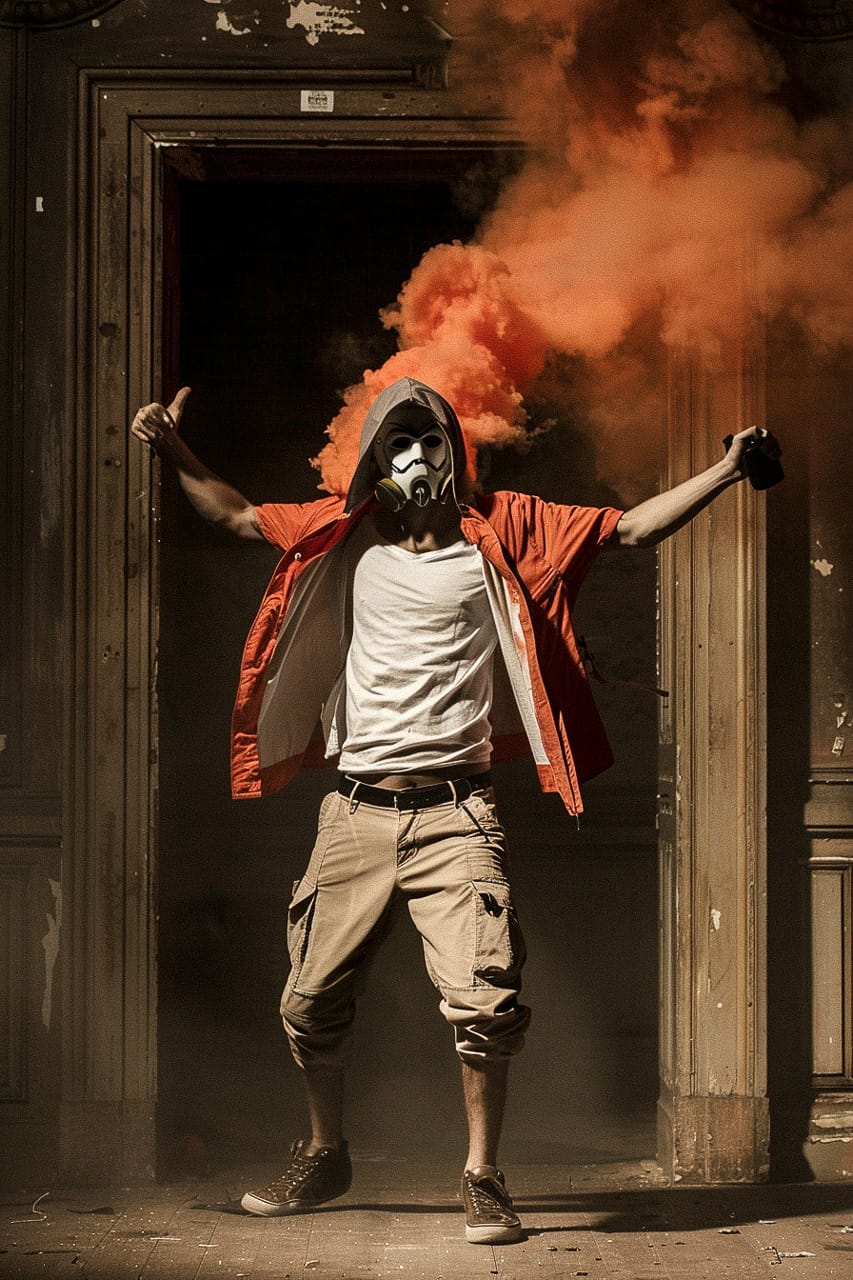 Midjourney prompt for dynamic street art scene with smoke effects, showcasing style referencing and influence control techniques.