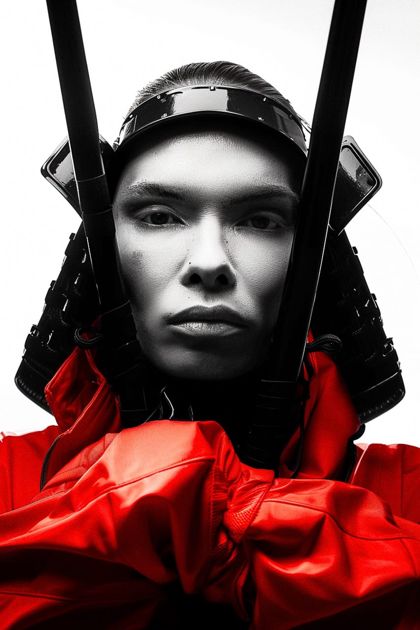 Futuristic samurai portrait using Midjourney prompt for style referencing and influence control with --sref and --sw parameters.