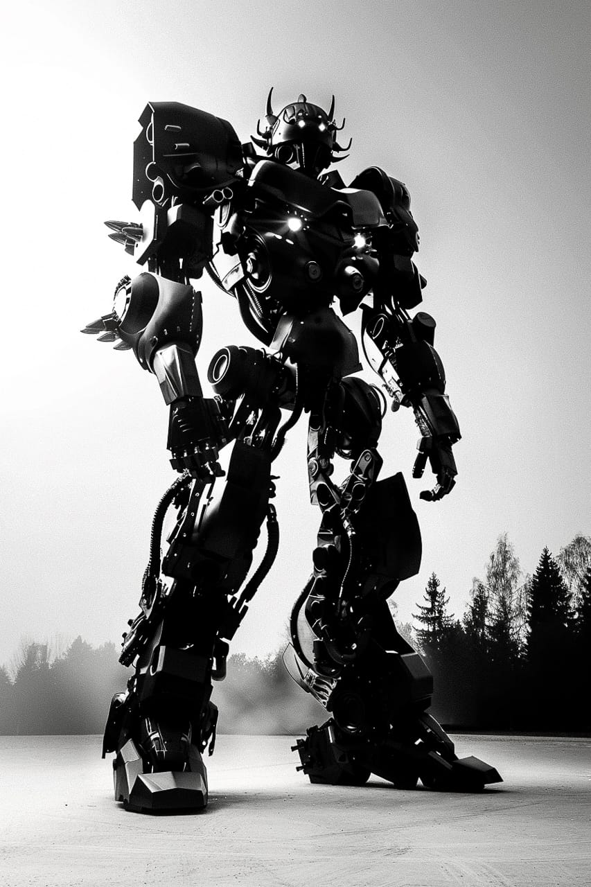 Colossal mecha generated with Midjourney prompt showcasing advanced design and style referencing techniques.