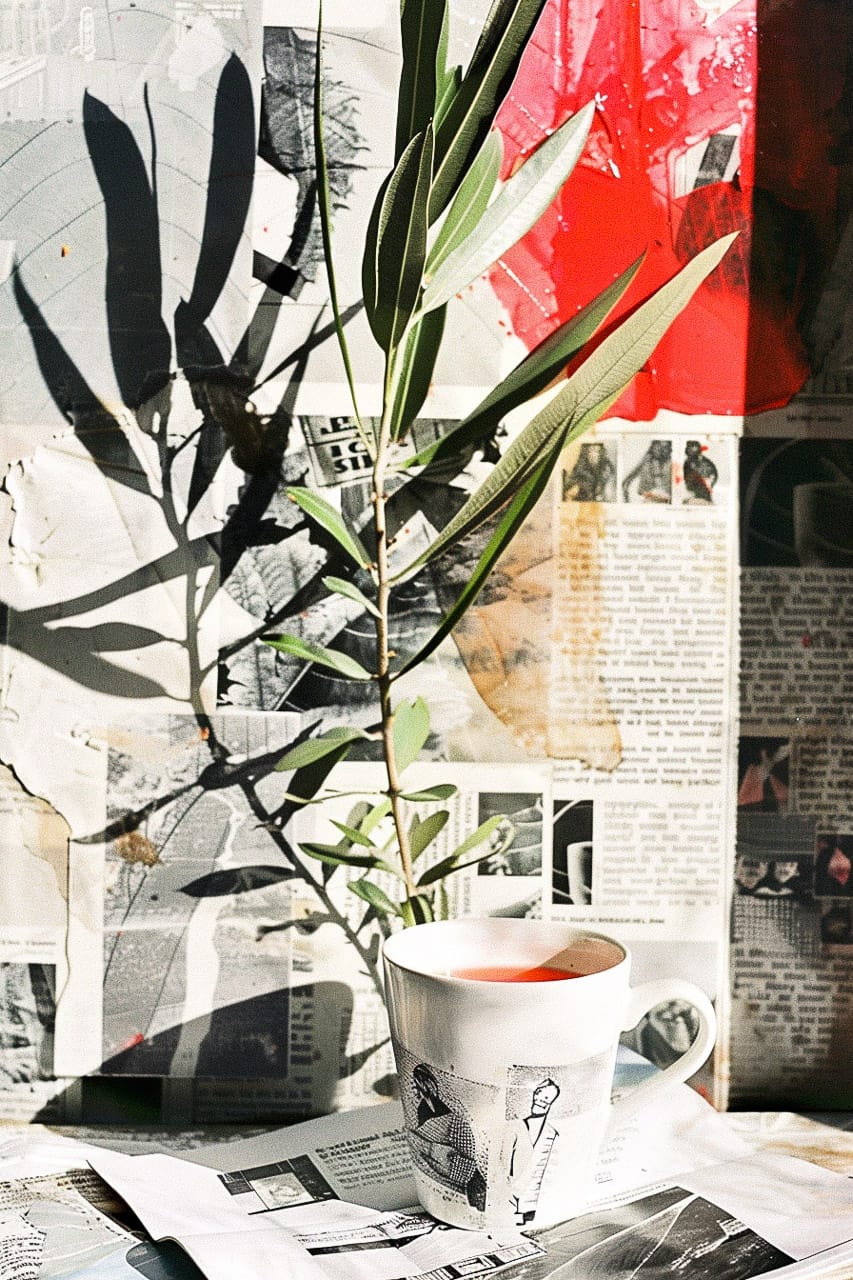 Minimalist still-life composition showcasing Midjourney prompt techniques, style referencing, and photography concepts.