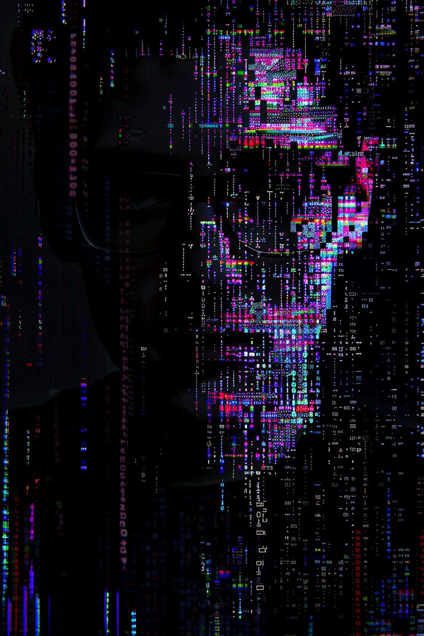 Midjourney prompt showcasing hacker visual style with glitch effects and digital artifacts, emphasizing creative text-to-image generation techniques.