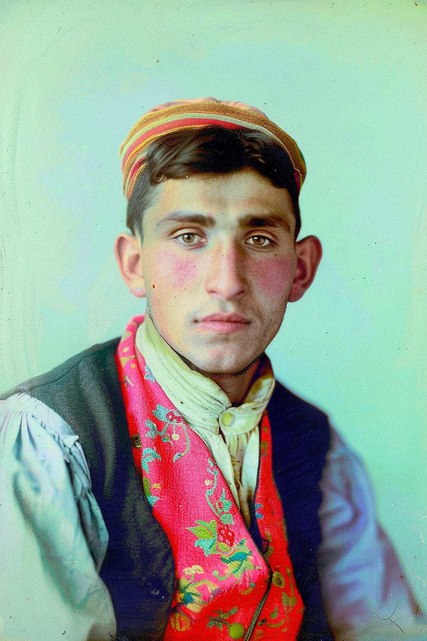 Portrait of man using Midjourney prompt for vintage photographic style referencing, showcasing Prokudin-Gorskii influence and color techniques.