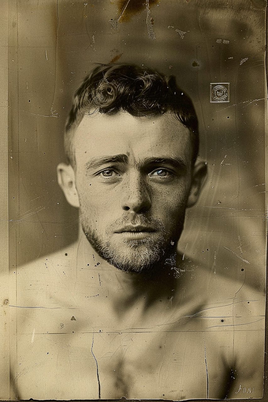 Portrait of man using Midjourney prompt for vintage photographic style referencing, showcasing --sref and --sw techniques.