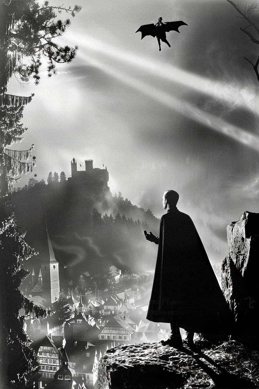 Midjourney prompt for creating dark fantasy scene with castle, bat figure, and misty town. Version 6.0.