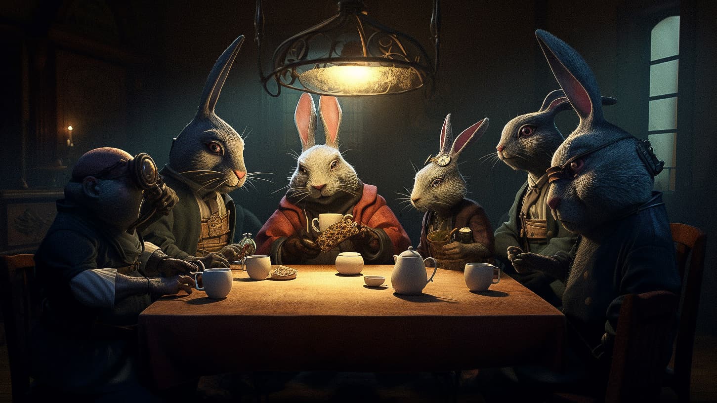 Group of anthropomorphic rabbits in tea ceremony scene, inspired by Jean Tabaud, showcasing Midjourney prompt techniques and artistic styles.