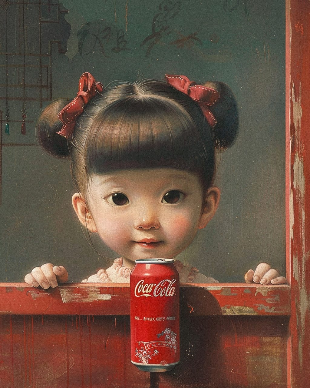 Coca-Cola advertisement by Liu Ye, showcasing Midjourney prompt engineering, niji 6, blending Eastern and Western art styles.