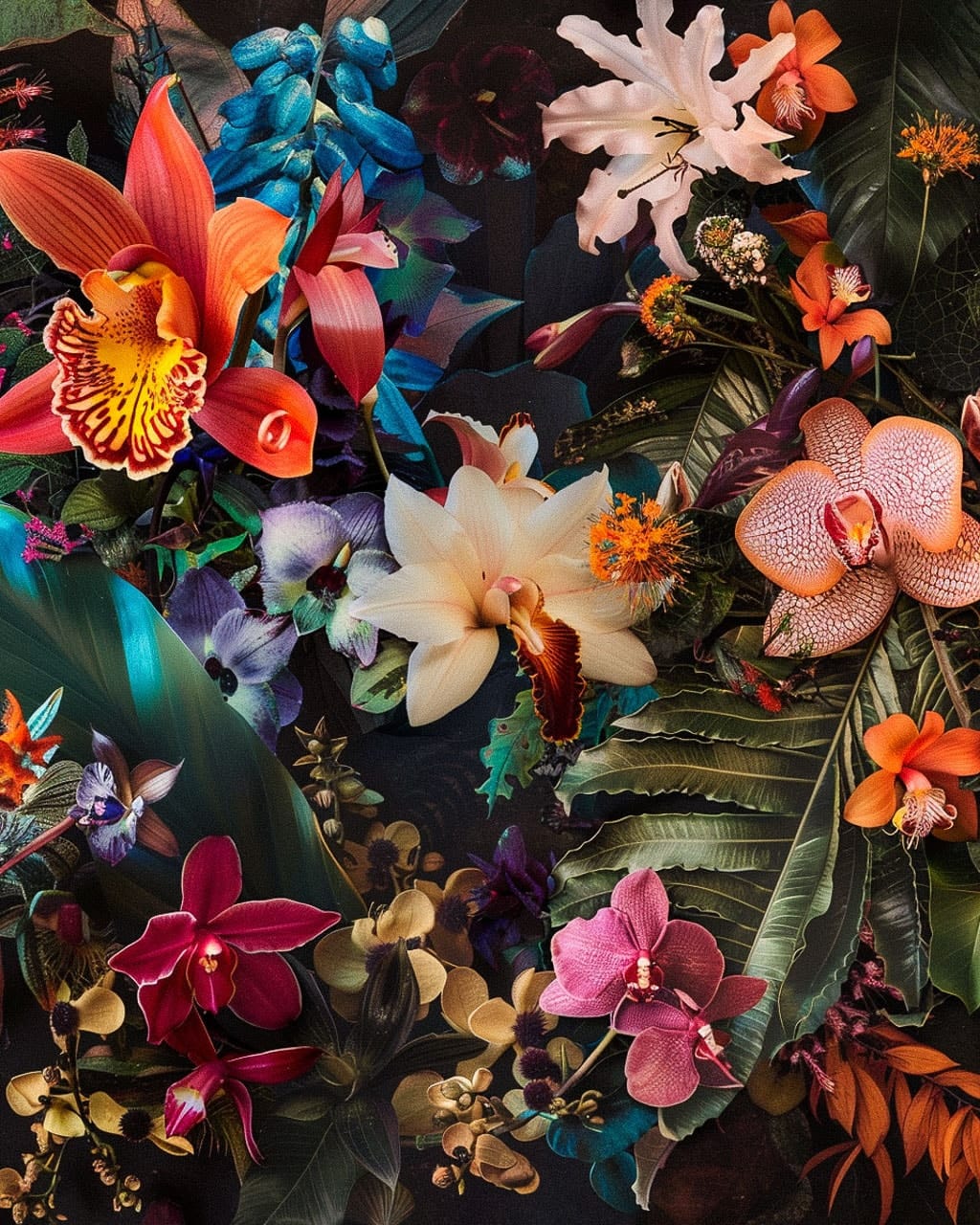 Midjourney prompt for exotic flowers with layered composition, utilizing General Modifiers for colors, lighting, atmosphere, textures, and mood adjustments.