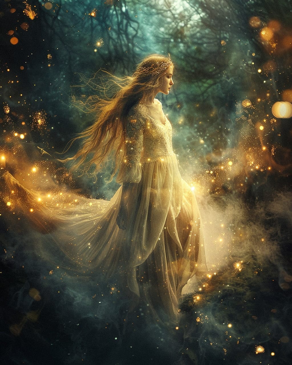 Goddess of Light in dreamy mood, showcasing Midjourney prompt techniques with ethereal lighting and atmospheric effects. Version 6.0.