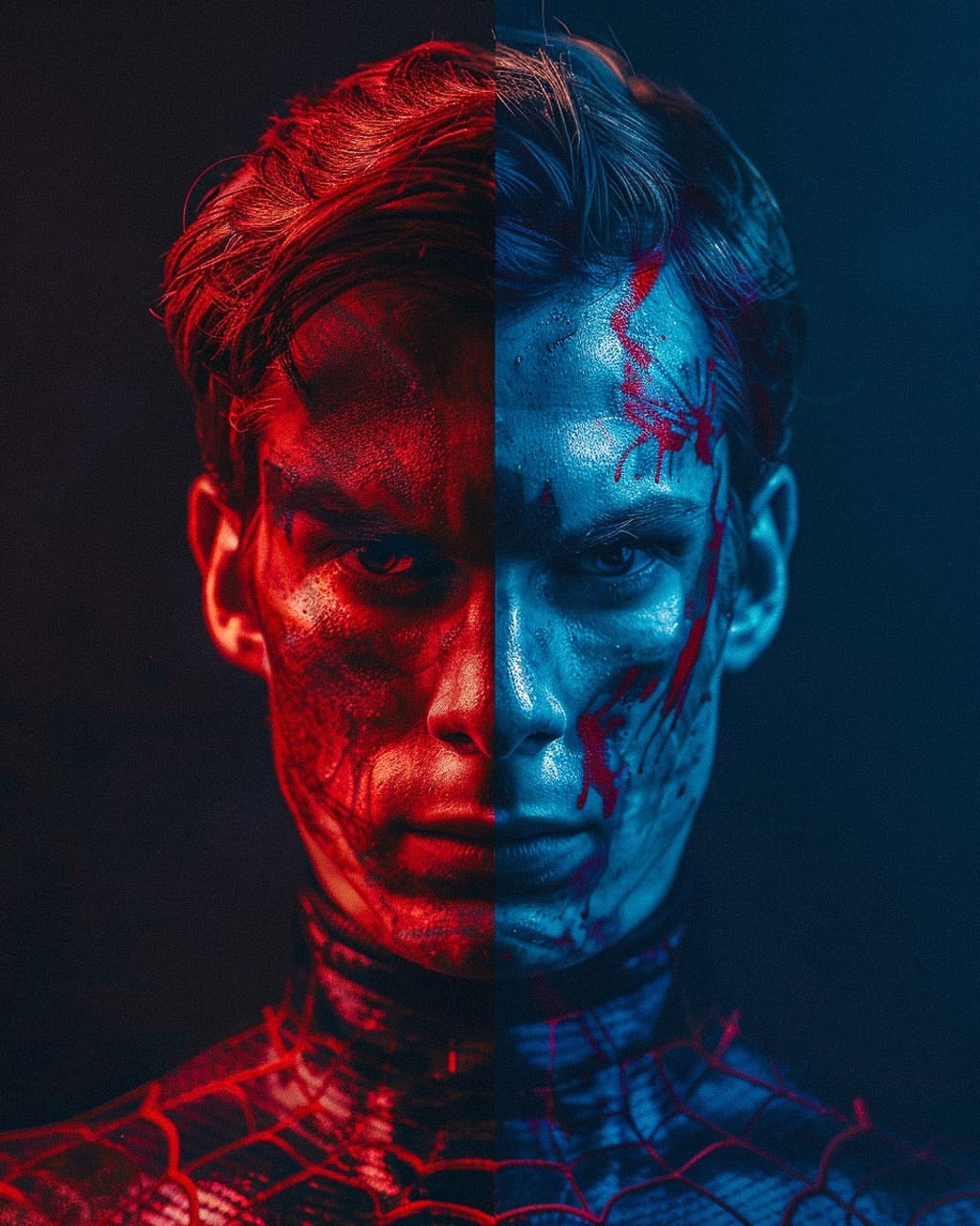 Midjourney prompt for superhero portrait, symmetrical composition, red and blue lighting, detailed textures, version 6.0