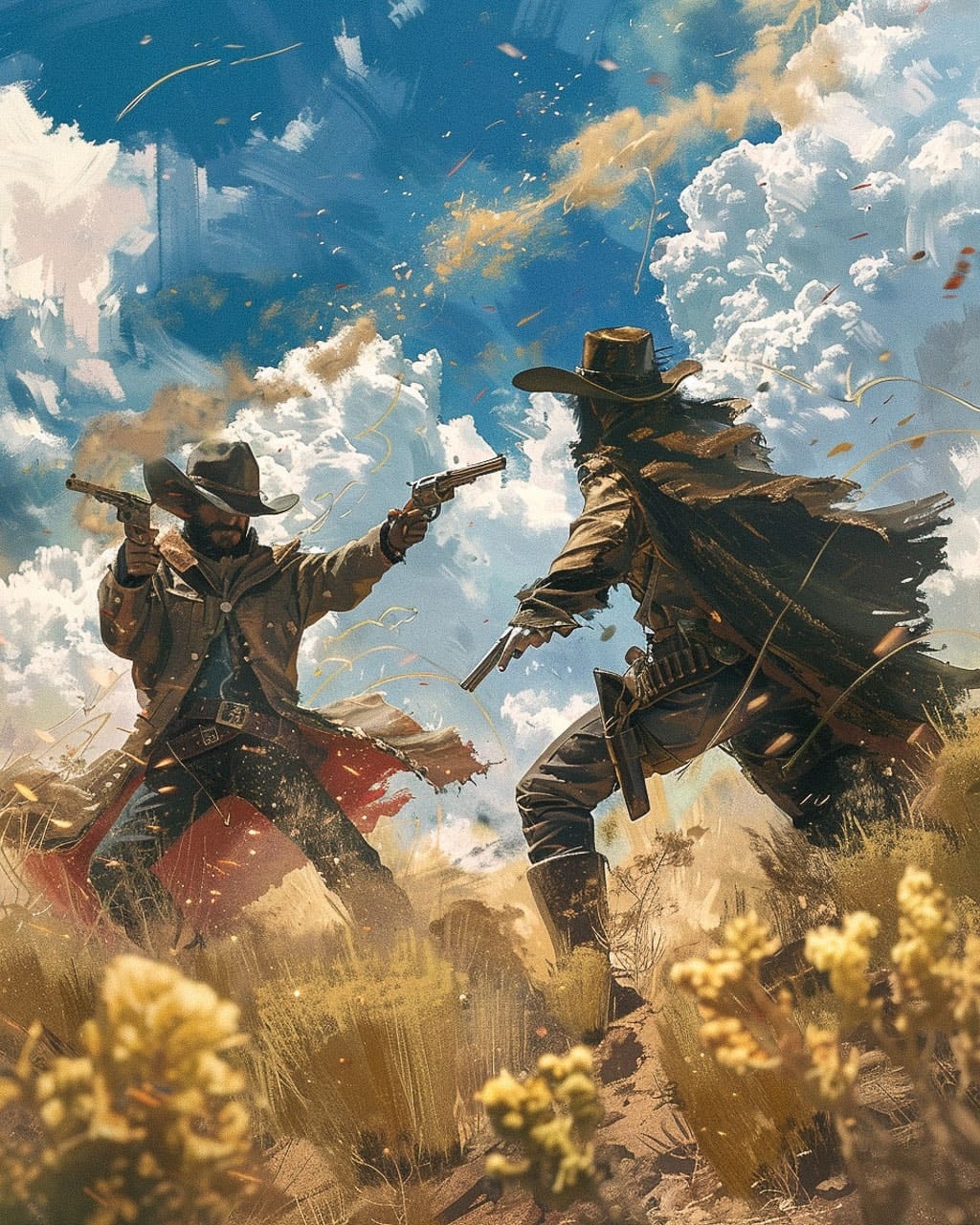 Midjourney prompt for midday westernpunk duel, utilizing General Modifiers for colors, lighting, atmosphere, textures, composition.