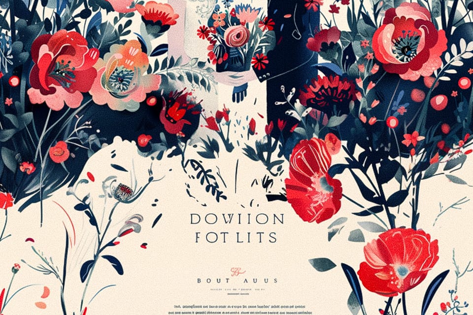 Floral design artwork featuring vibrant colors, showcasing Midjourney prompt techniques for graphic design. Style references and variations applied.