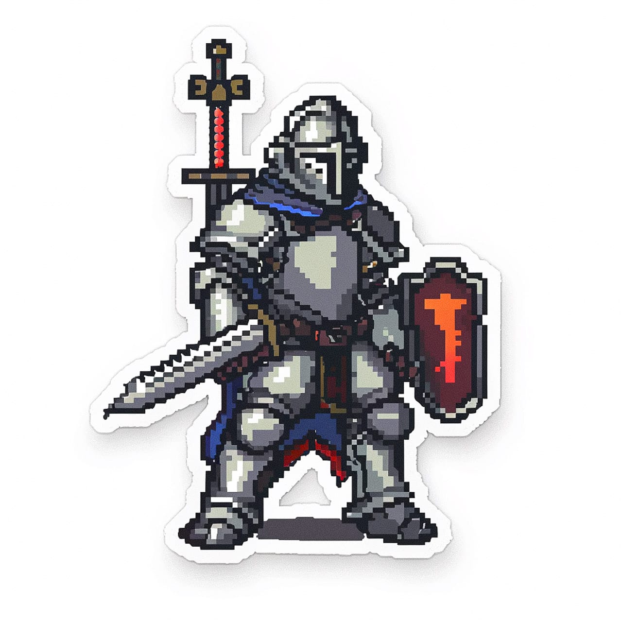 Pixelated knight sticker design showcasing Midjourney prompt techniques for character creation.