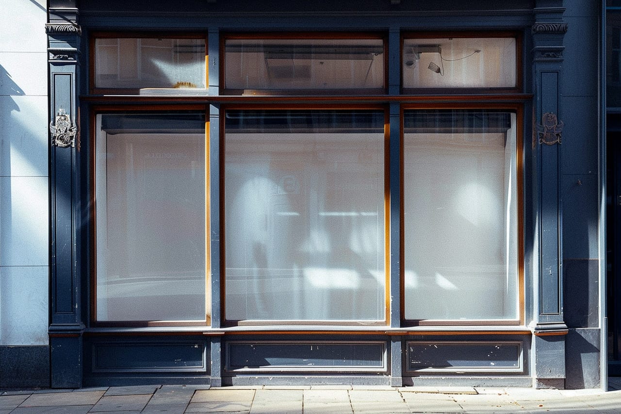 Empty shop window mockup showcasing Midjourney prompt for graphic design applications.