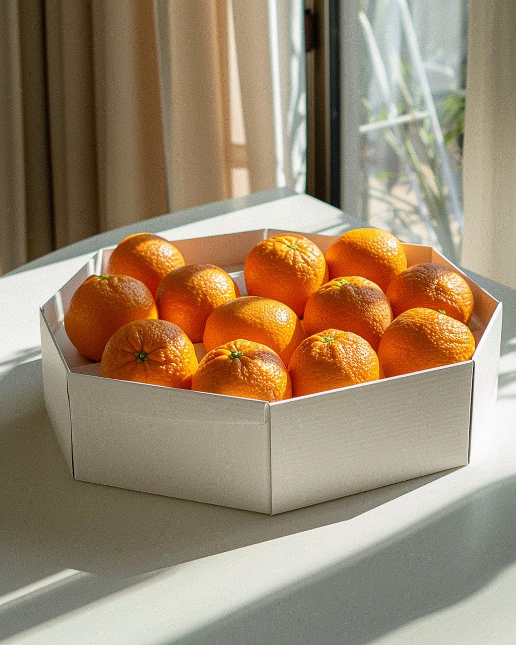 Octagonal cardboard gridbox with oranges, showcasing packaging design techniques for Midjourney prompt engineering.