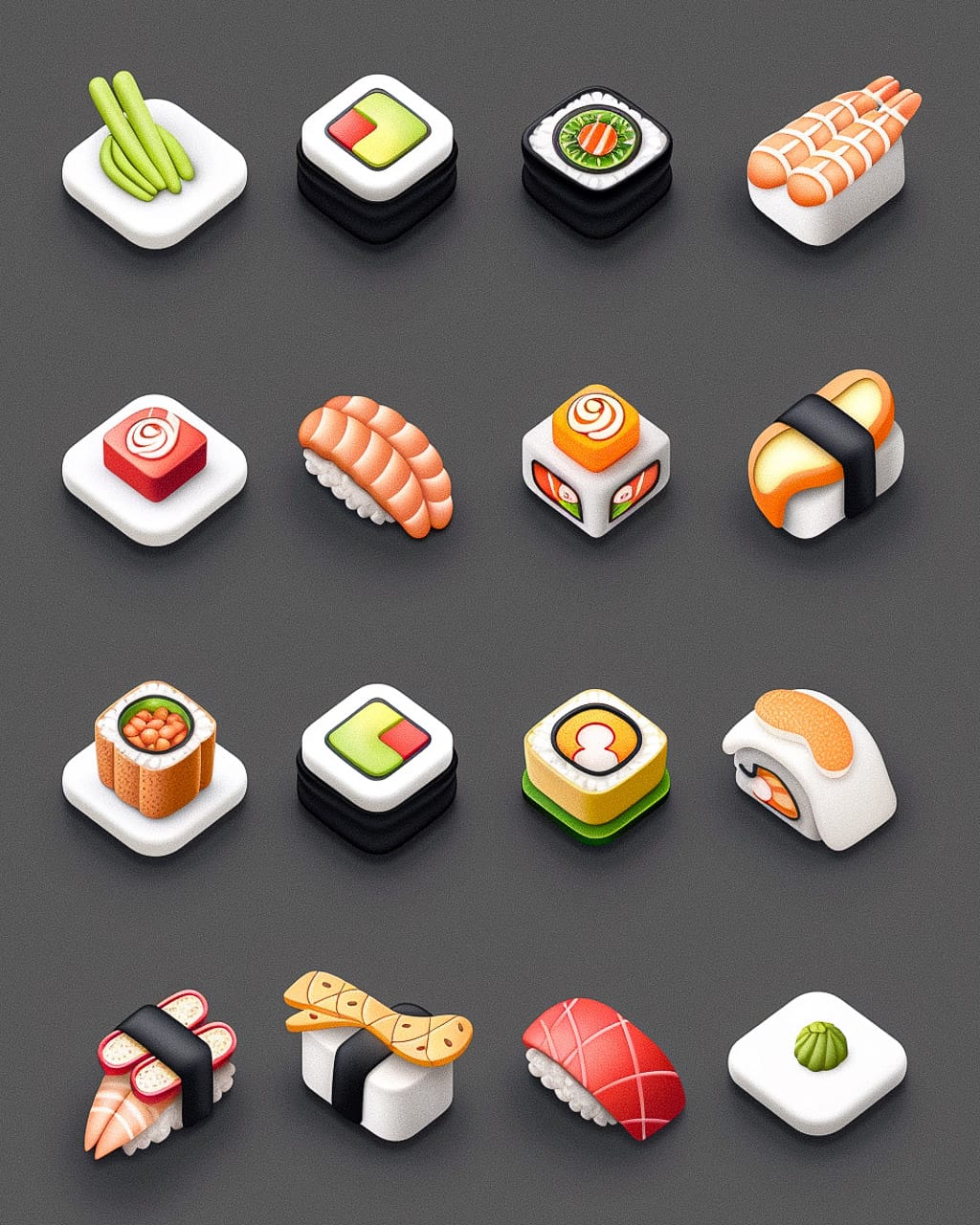 Icon set for sushi cafe order app showcasing various sushi types, designed using Midjourney prompt strategies.
