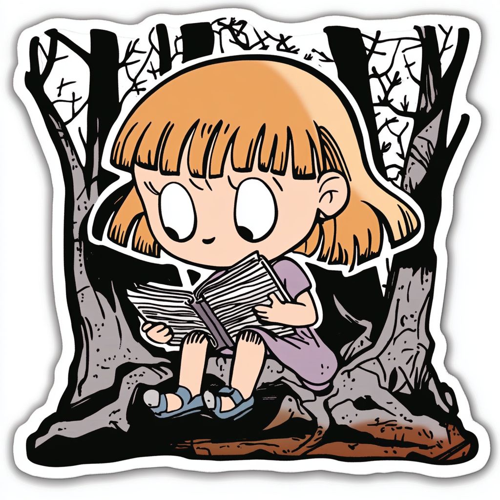 Sticker of girl reading book in forest, inspired by Bill Amend style, Midjourney prompt engineering techniques applied.
