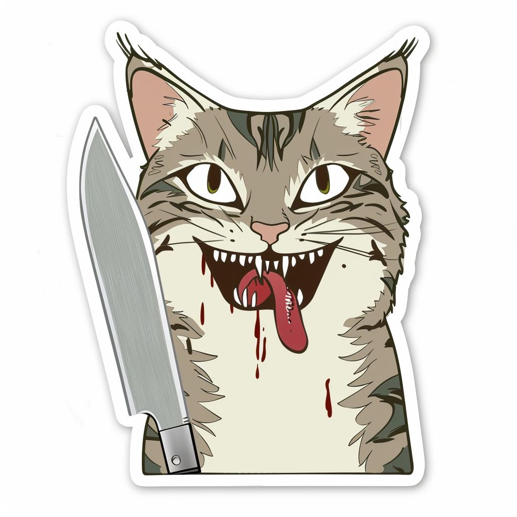 Sticker featuring anthropomorphic cat with knife, blood, created using Midjourney prompt engineering techniques.